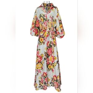 Yadi Boutique Floral Maxi Dress Cotton Eyelet Tie Waist Puff Sleeve L/XL